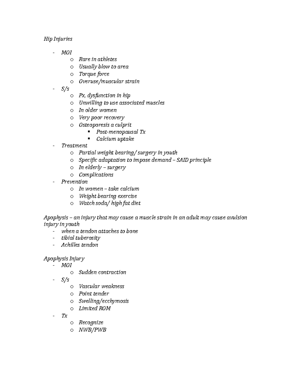 Hip Injuries - Lecture notes 2 - Hip Injuries MOI o o o o o o o o o ...