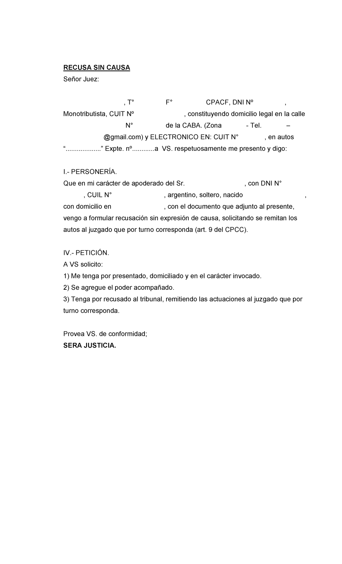 Recusa SIN Causa - modelo escrito - Derecho Administrativo Y Procesal  Laboral - UNNE - Studocu