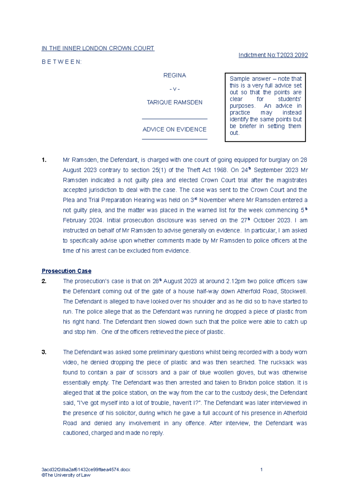 Criminal advice sample from tutor (Ramsden) - IN THE INNER LONDON CROWN ...