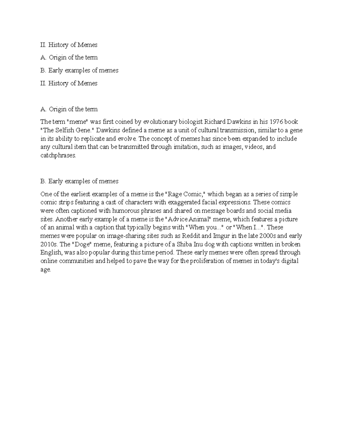Memes 2 - II. History of Memes A. Origin of the term B. Early examples ...