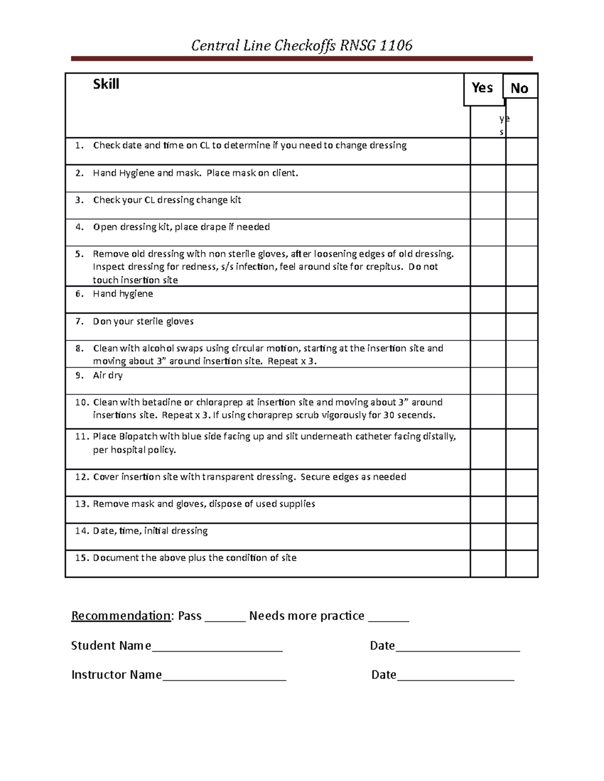 CVL Check Off Form - Central Line Checkoffs RNSG 1106 Skill ye s Check ...