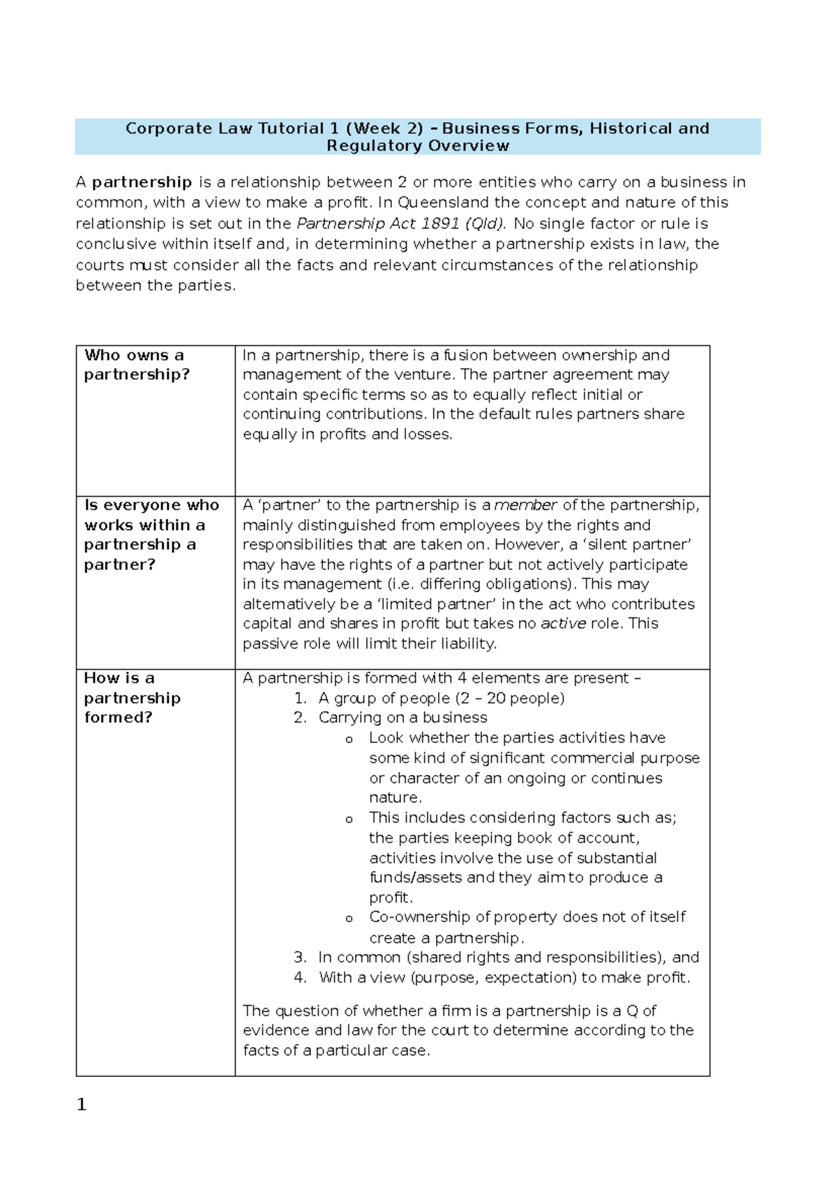 Corps tutorial 1 week 2 2024 - Corporate Law Tutorial 1 (Week 2 ...