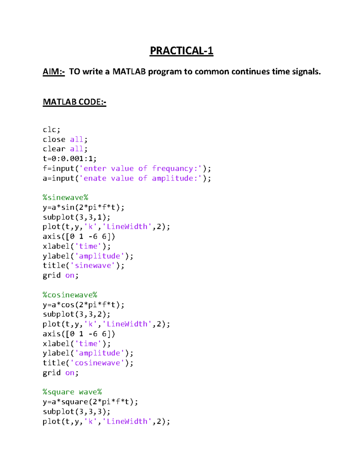System & Signal - Notes - PRACTICAL- 1 AIM:- TO write a MATLAB program ...
