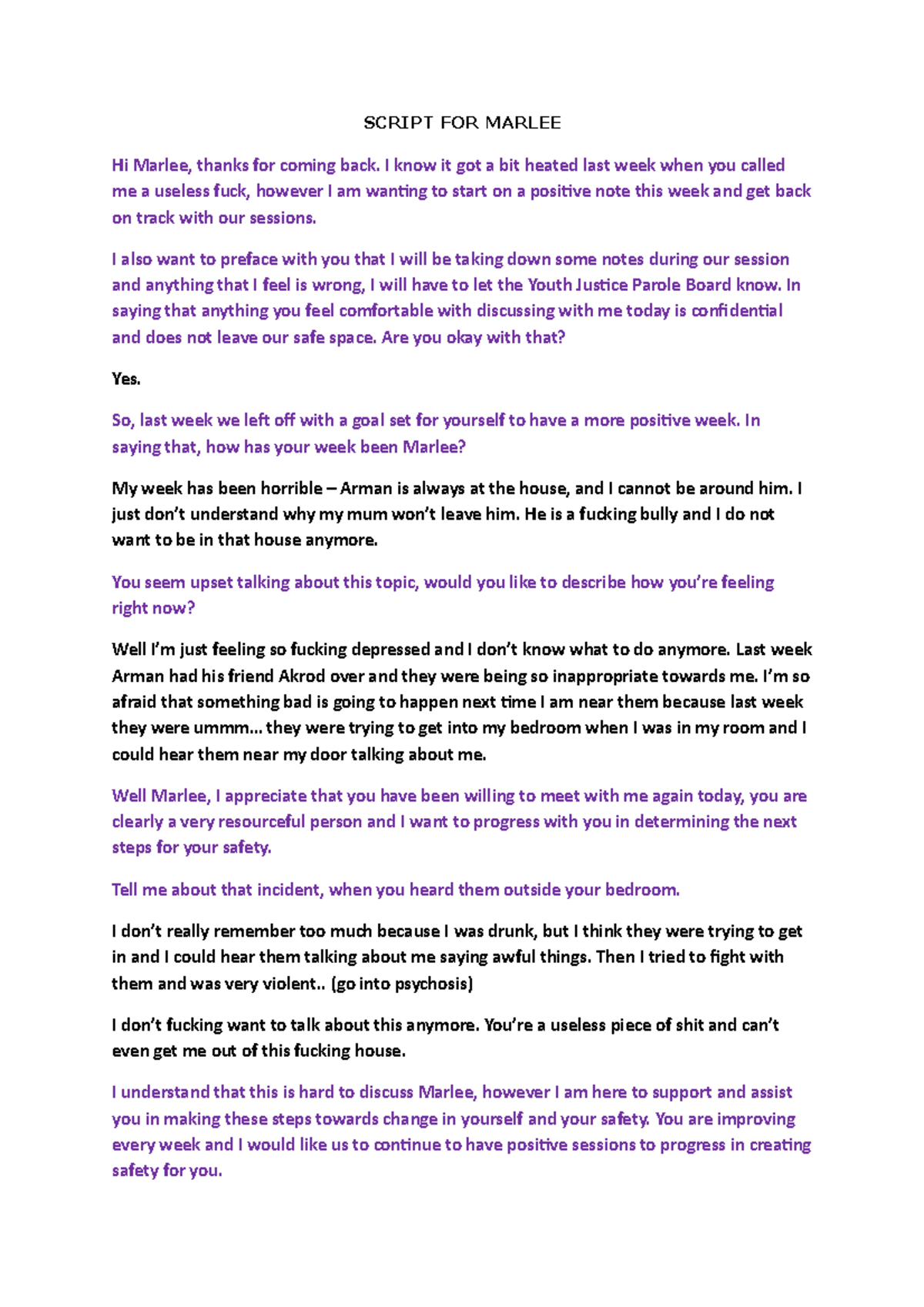 Script FOR Marlee - Notes on Interview - SCRIPT FOR MARLEE Hi Marlee ...
