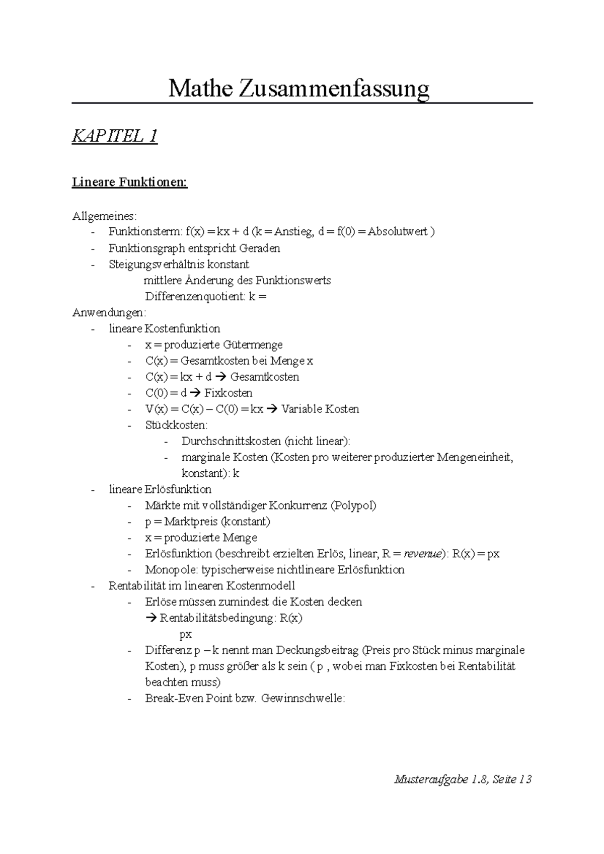 Mathe Regeln Zusammenfassung Pdf Mathe Zusammenfassung - Mathe Zusammenfassung KAPITEL 1 Lineare