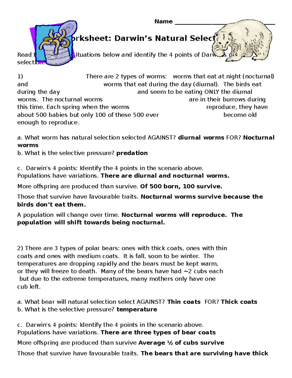Darwin Natural Selection Worksheet Onlineworksheet my id