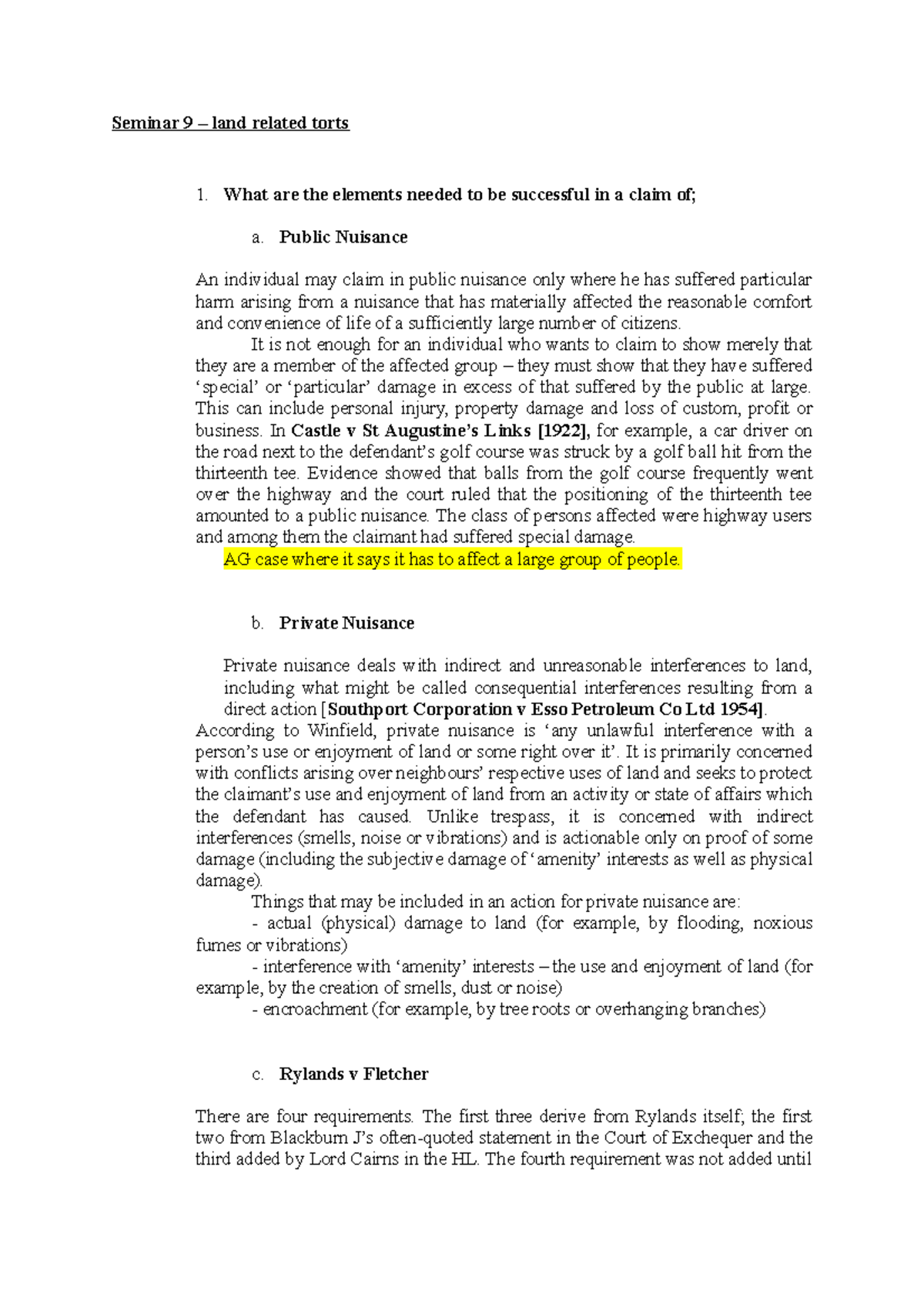 Tort law seminar 9 answers - Seminar 9 – land related torts What are ...