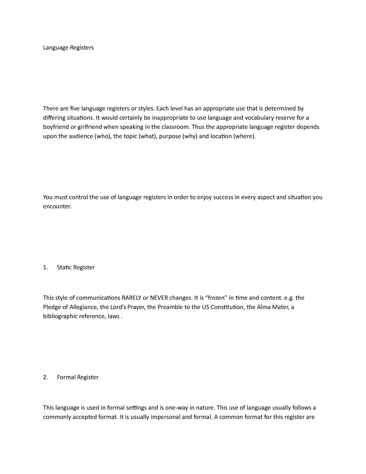 Language Register - Lecture notes 1 - Language Registers There are five ...