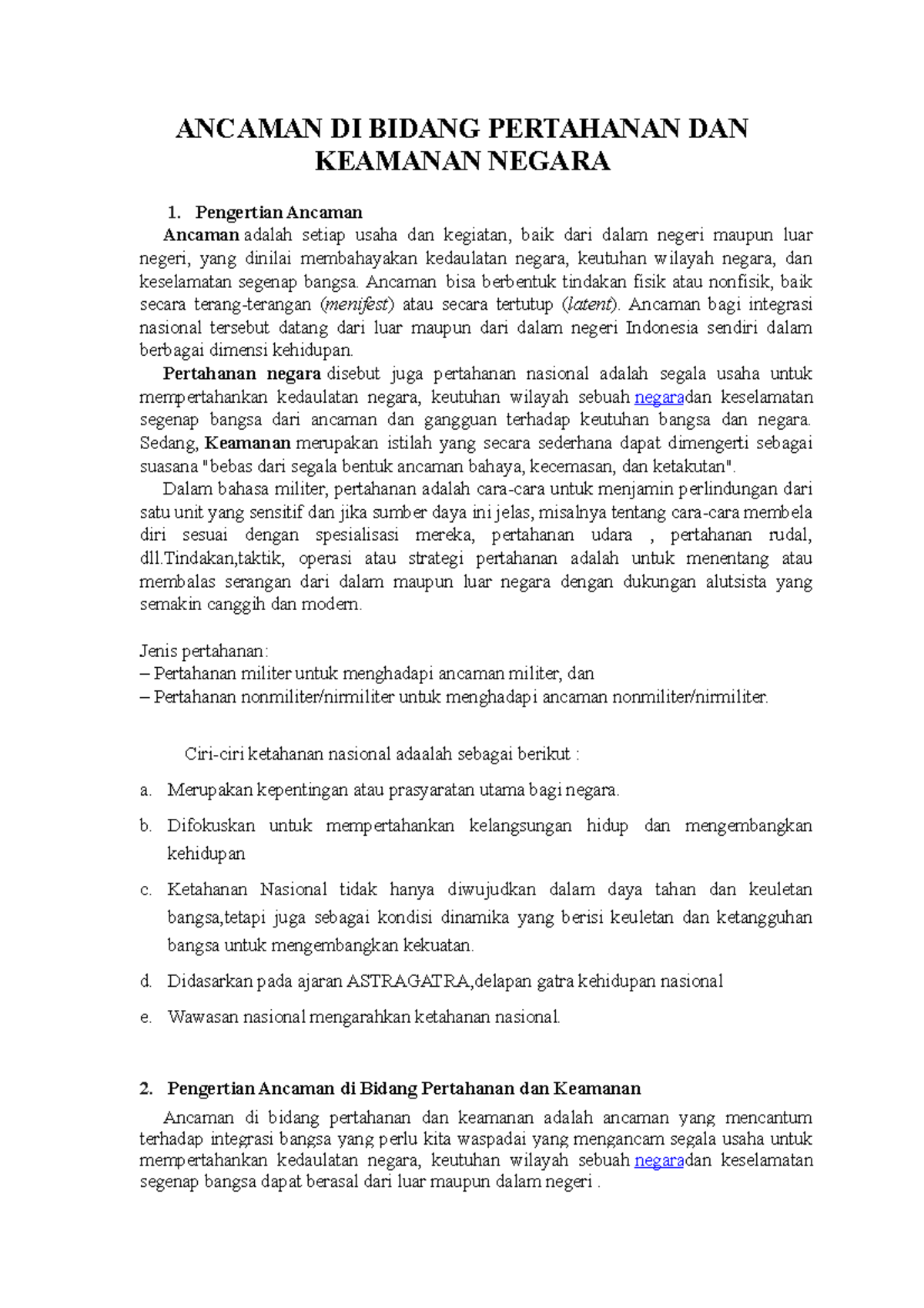 Ancaman DI Bidang Pertahanan DAN Keamanan Negara ANCAMAN DI BIDANG