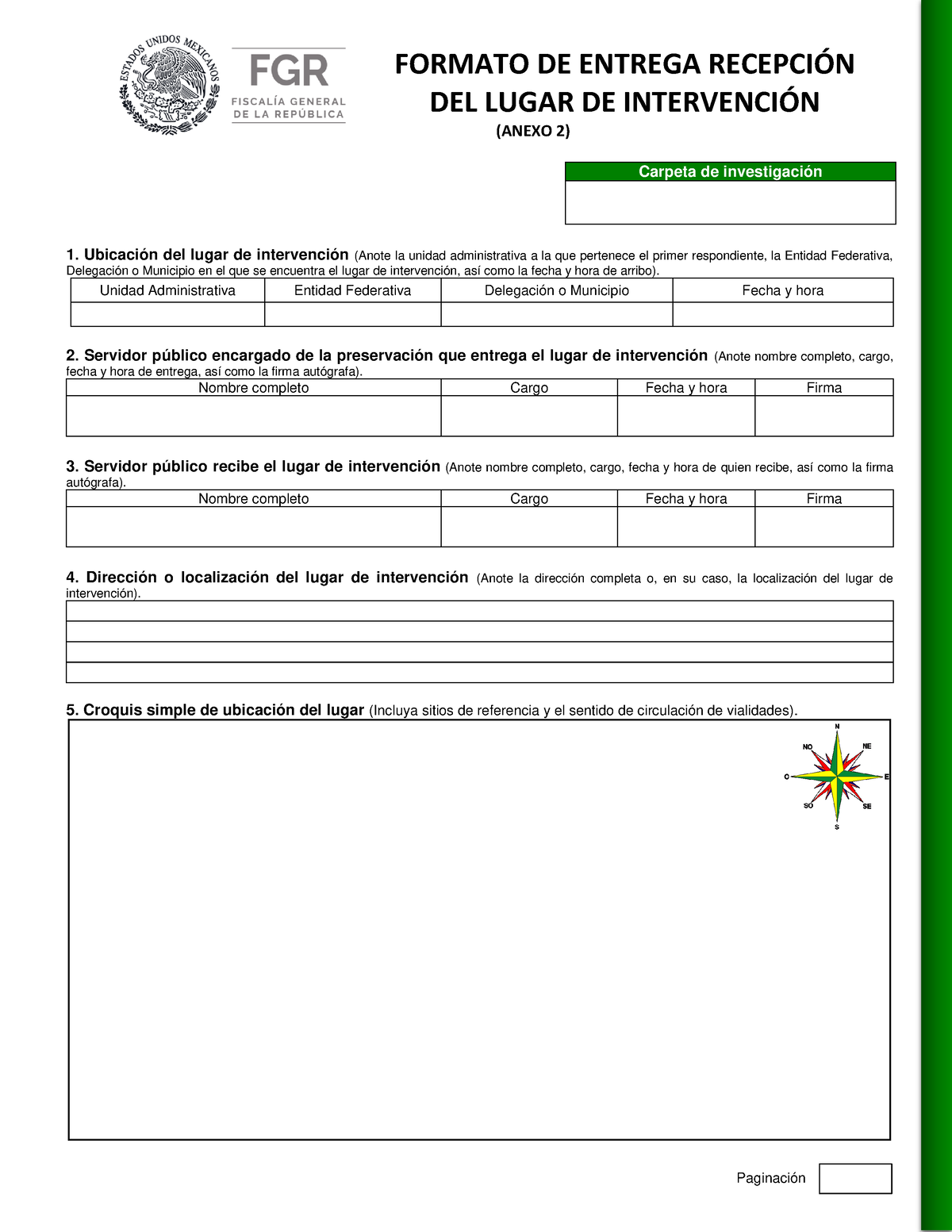 FGR I - Cadena De Custodia - FORMATO DE ENTREGA RECEPCI”N DEL LUGAR DE ...