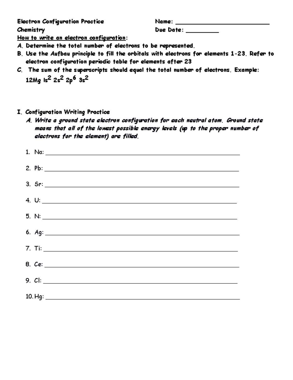 Electron Configuration Practice Student - Chemistry Due Date ...