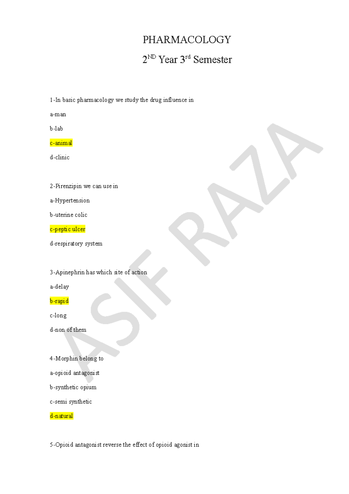 Exam 6 August 2010, questions and answers - PHARMACOLOGY 2 ND Year 3rd ...