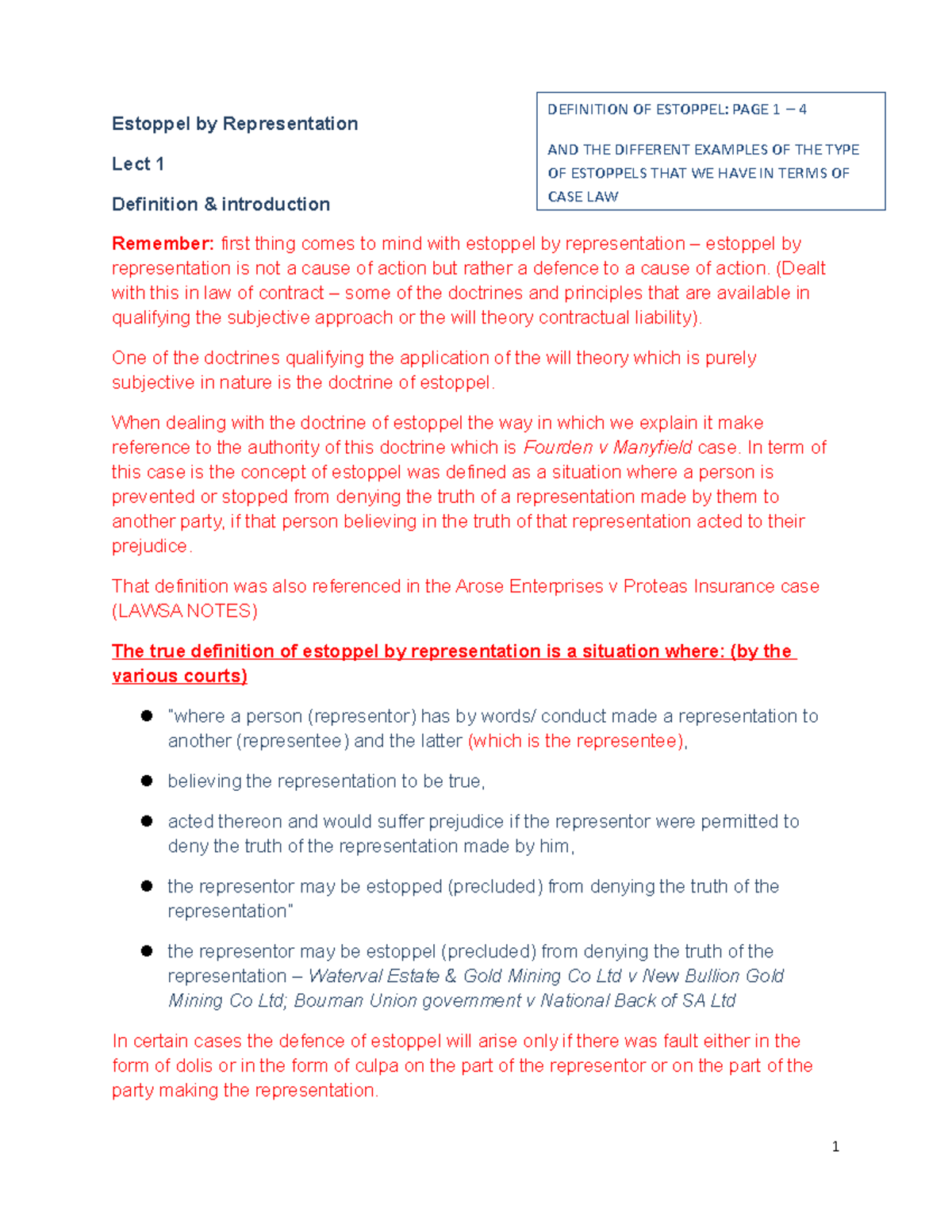 Estoppel Lecture Notes 1 Estoppel by Representation Lect 1 Definition