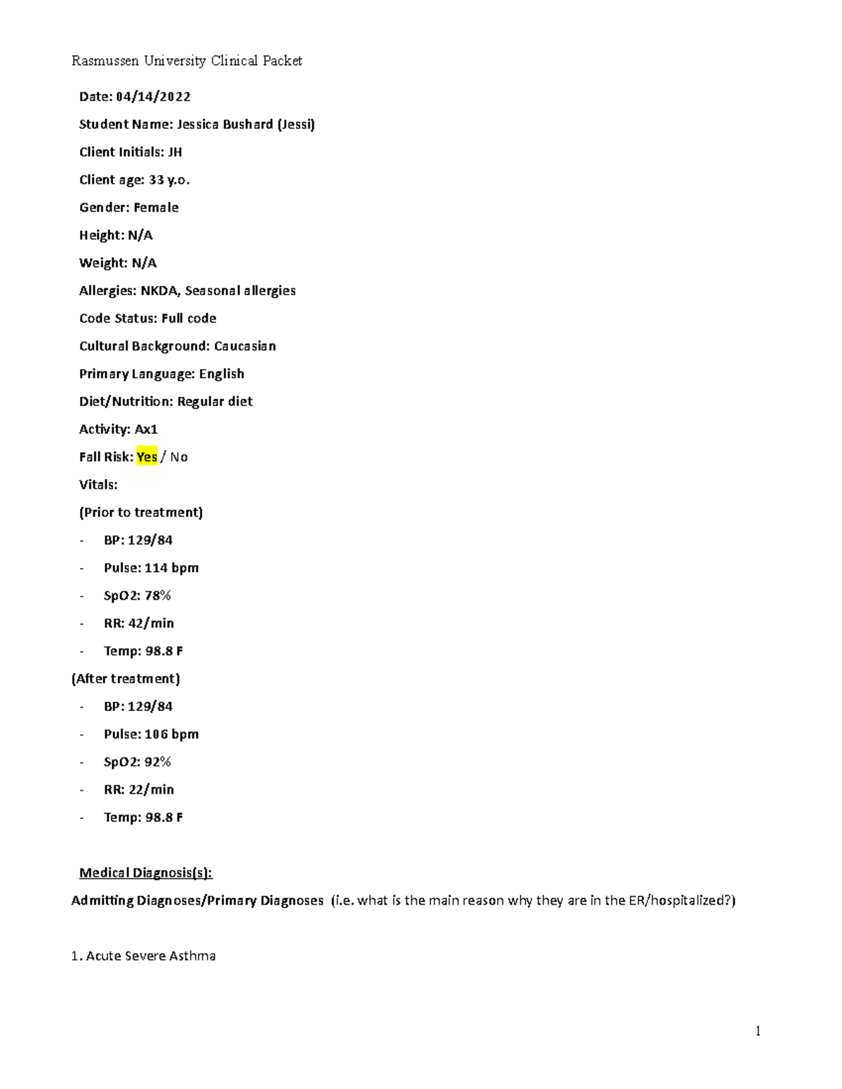 Week 1 - SIM clinical packet - Rasmussen University Clinical Packet ...