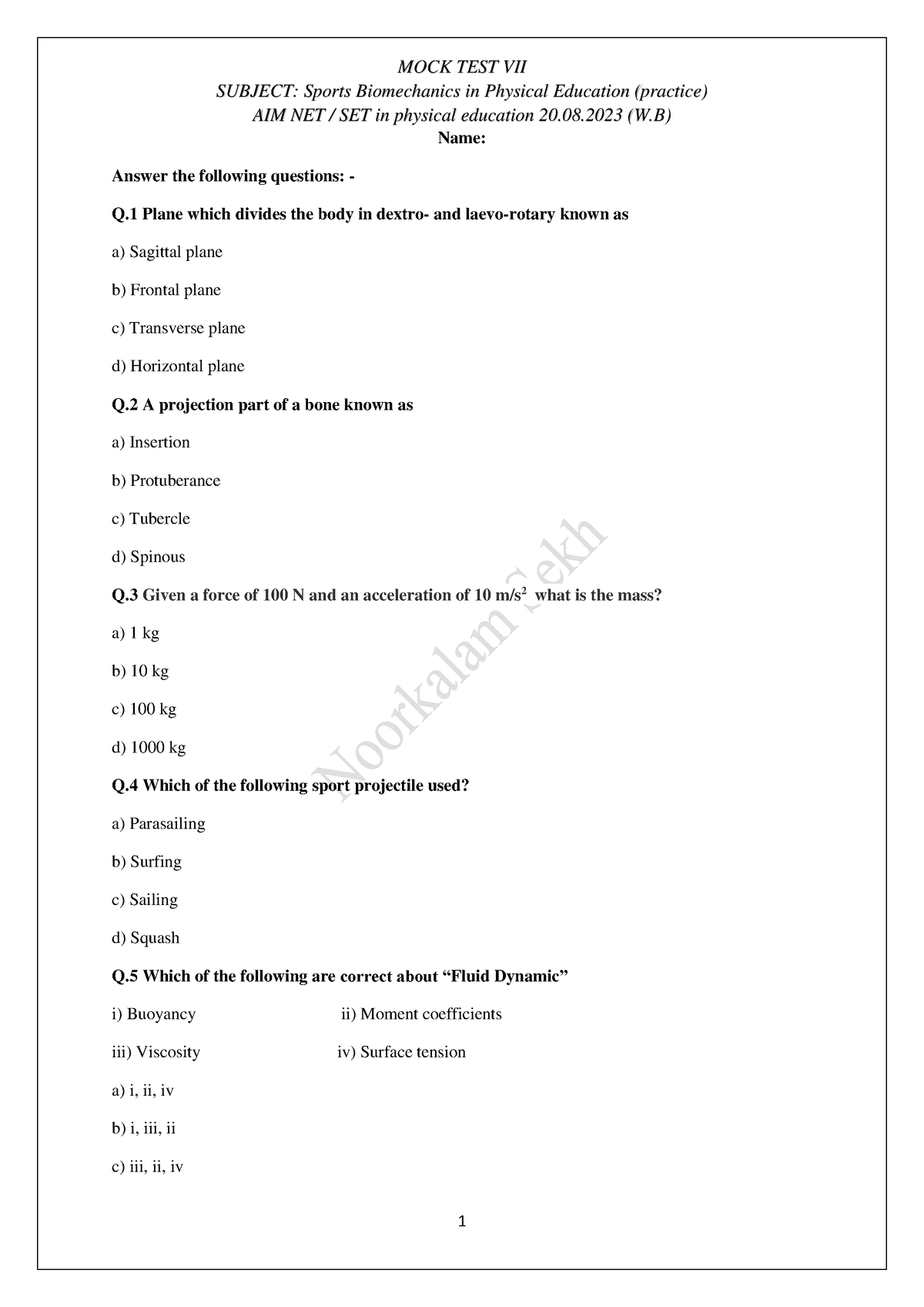 MOCK TEST VII BMP - Exercise Purpose Only - MOCK TEST VII SUBJECT ...