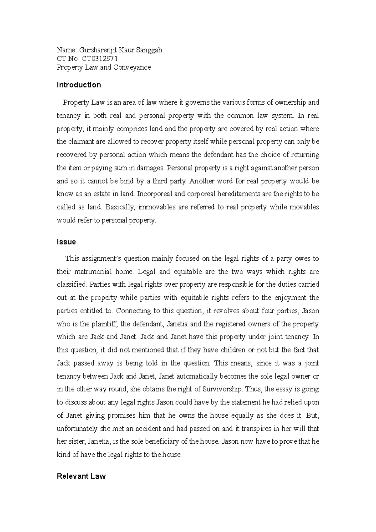 Property Law Assignment Name Gursharenjit Kaur Sanggah CT No CT Property Law and Conveyance