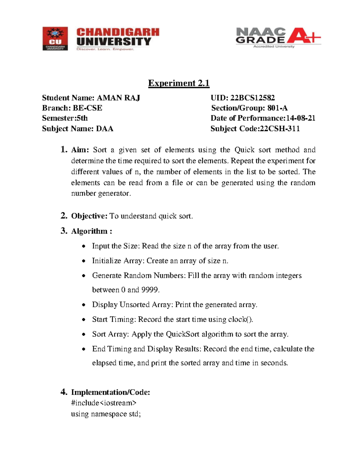 DAA EXP 2 - DAA PRACTICAL - Experiment 2. Student Name: AMAN RAJ UID ...