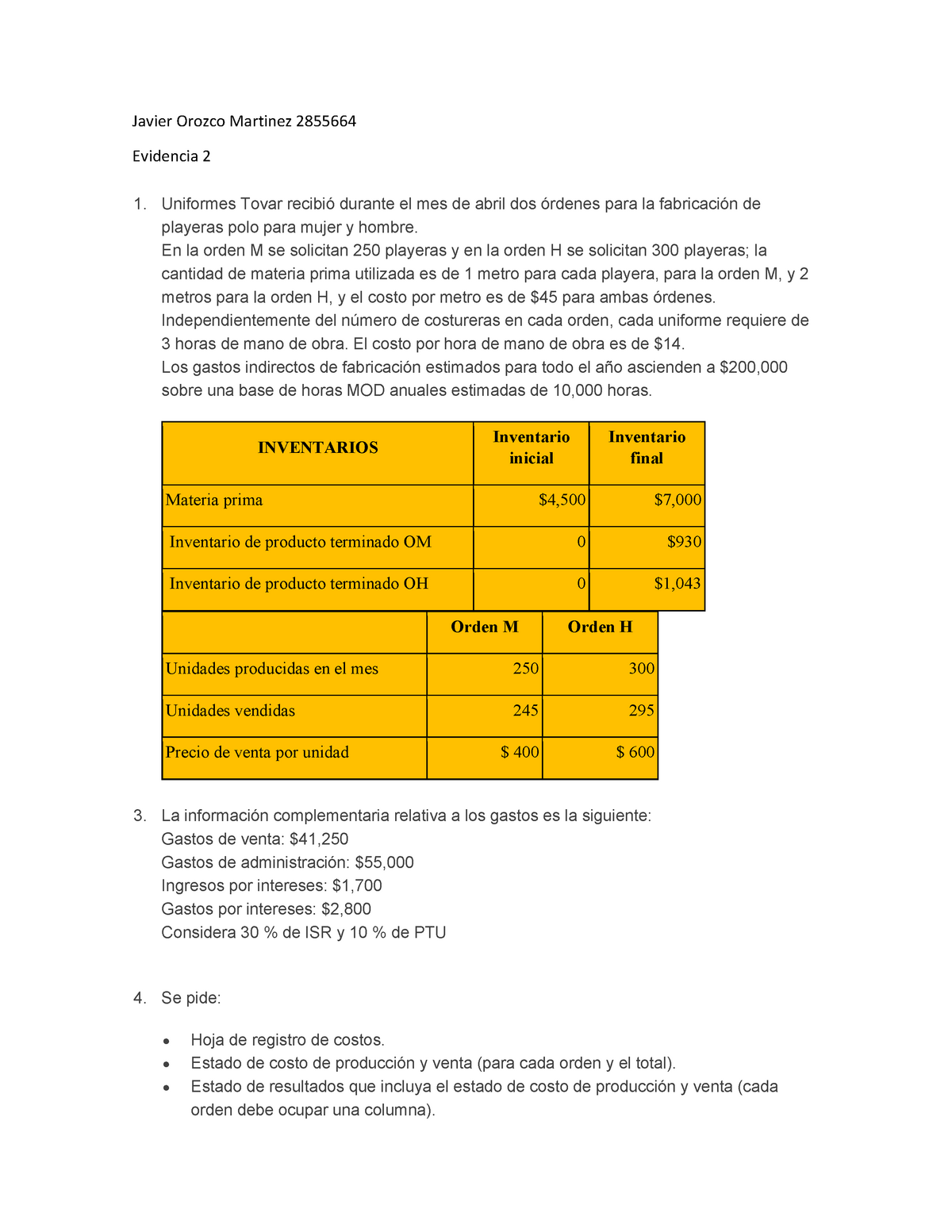 Evidencia 2 Contabilidad Y Costos Warning Tt Undefined Function 32 Javier Orozco Martinez 6640