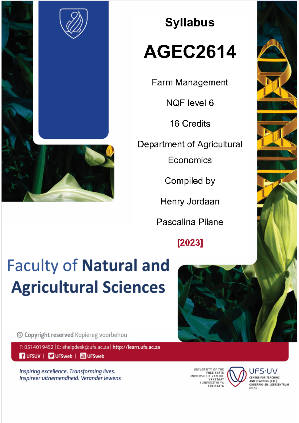 AGEC2614 Syllabus - Notes Summaries - Syllabus AGEC Farm Management NQF ...