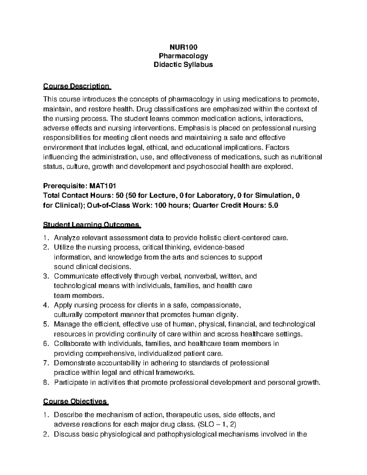 NUR100+Pharmacology+Syllabus+7 - NUR Pharmacology Didactic Syllabus ...