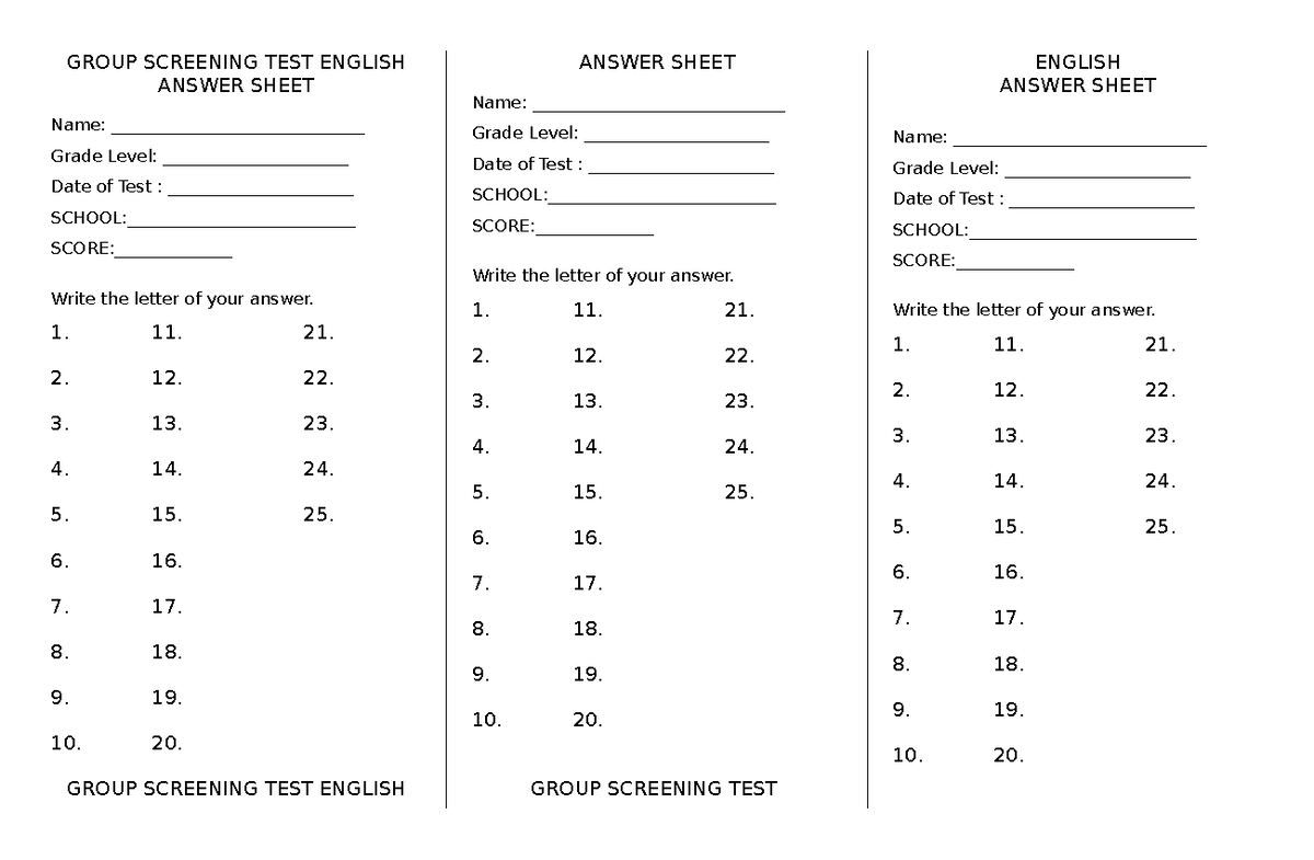 Group Screening TEST English Answer Sheet GROUP SCREENING TEST