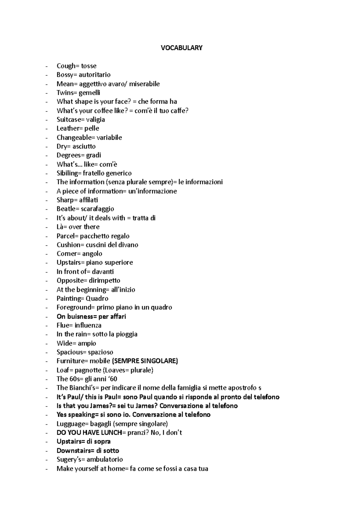 Vocabulary Vocaboli Visiti A Lezione Lingua Inglese Scritto Unicatt Studocu