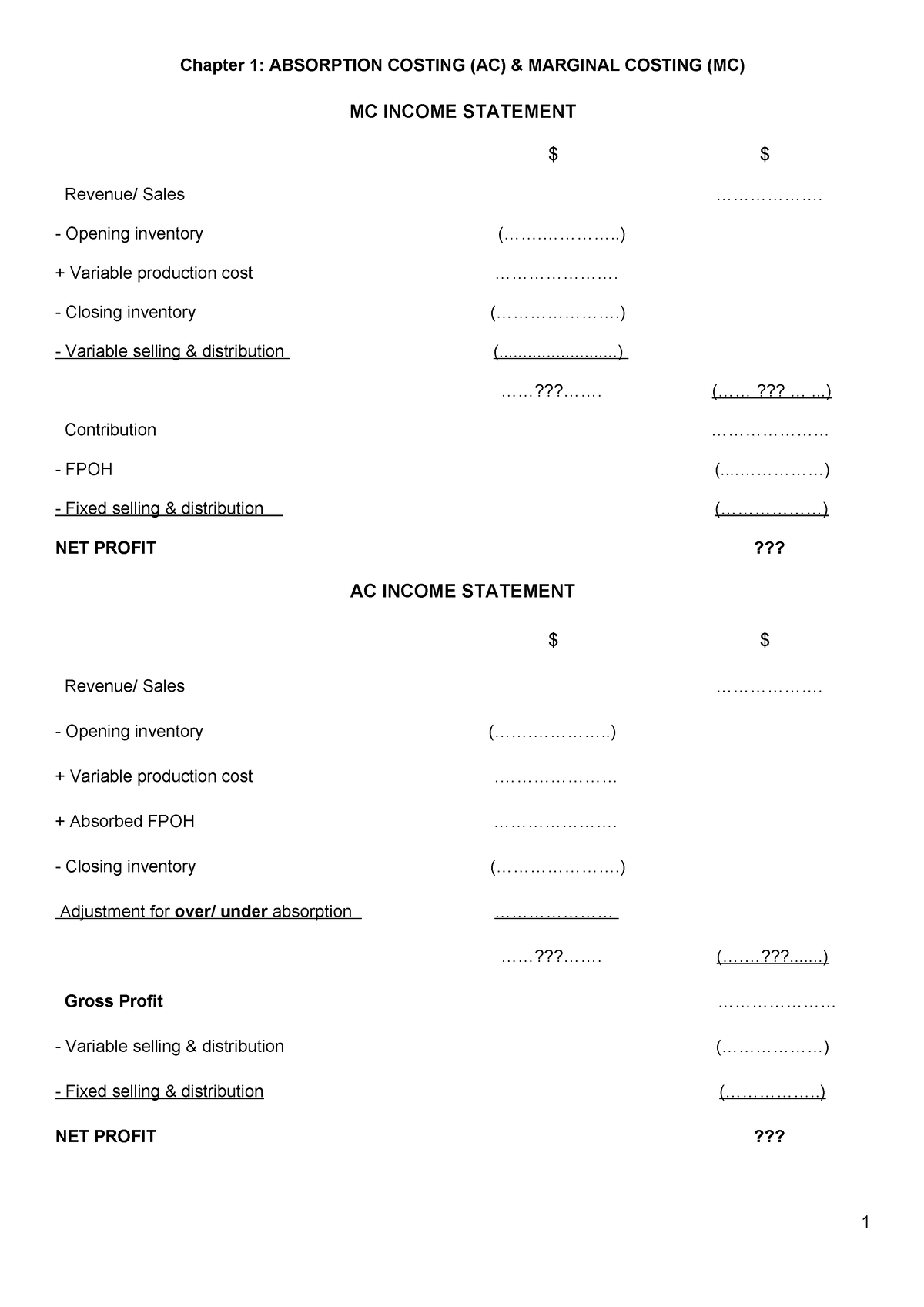 Ma2 Ck Ma2 Chapter 1 Absorption Costing Ac And Marginal Costing Mc Mc Income Statement 4364