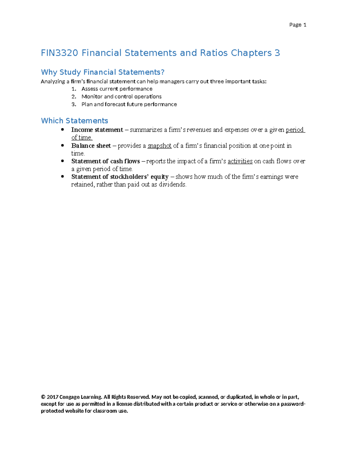Chapter 3 Statements - FIN3320 Financial Statements and Ratios Chapters ...