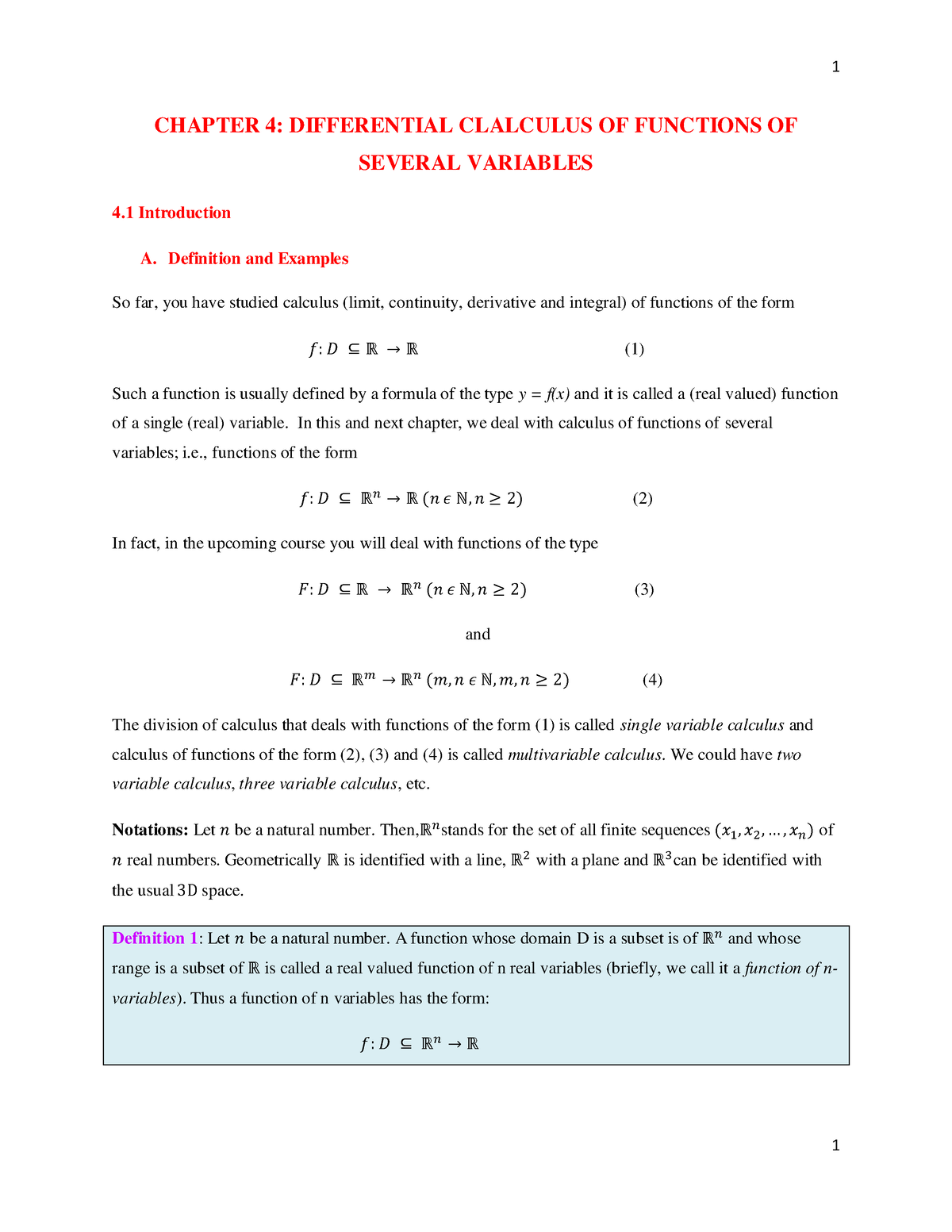 Multivariable calculus Unit4 by Dr Tadesse Bekeshie CHAPTER 4 DIFFERENTIAL CLALCULUS OF