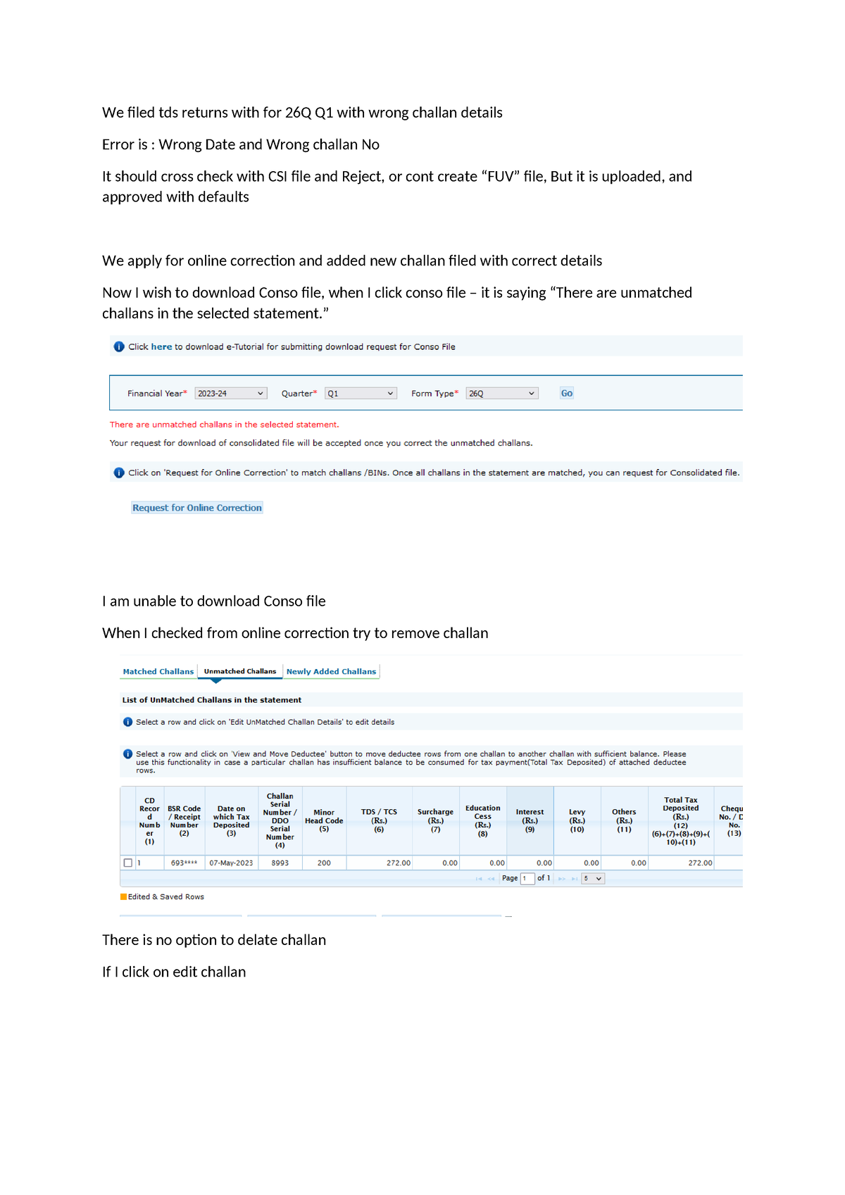 How to Delate challan - deletion - We filed tds returns with for 26Q Q1 ...