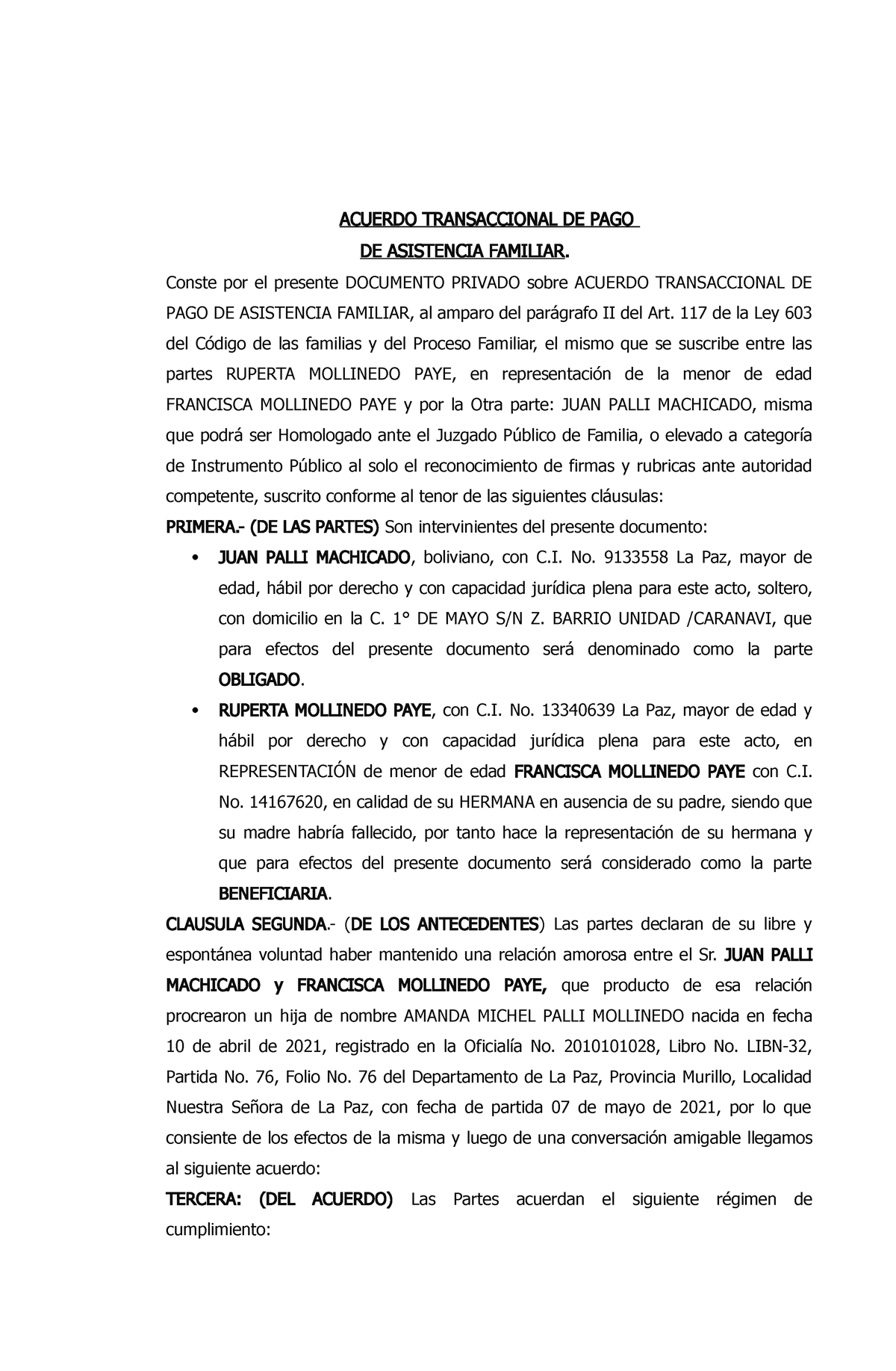 Acuerdo Transaccional DE PAGO DE Asistencia Familiar 2023 - ACUERDO ...