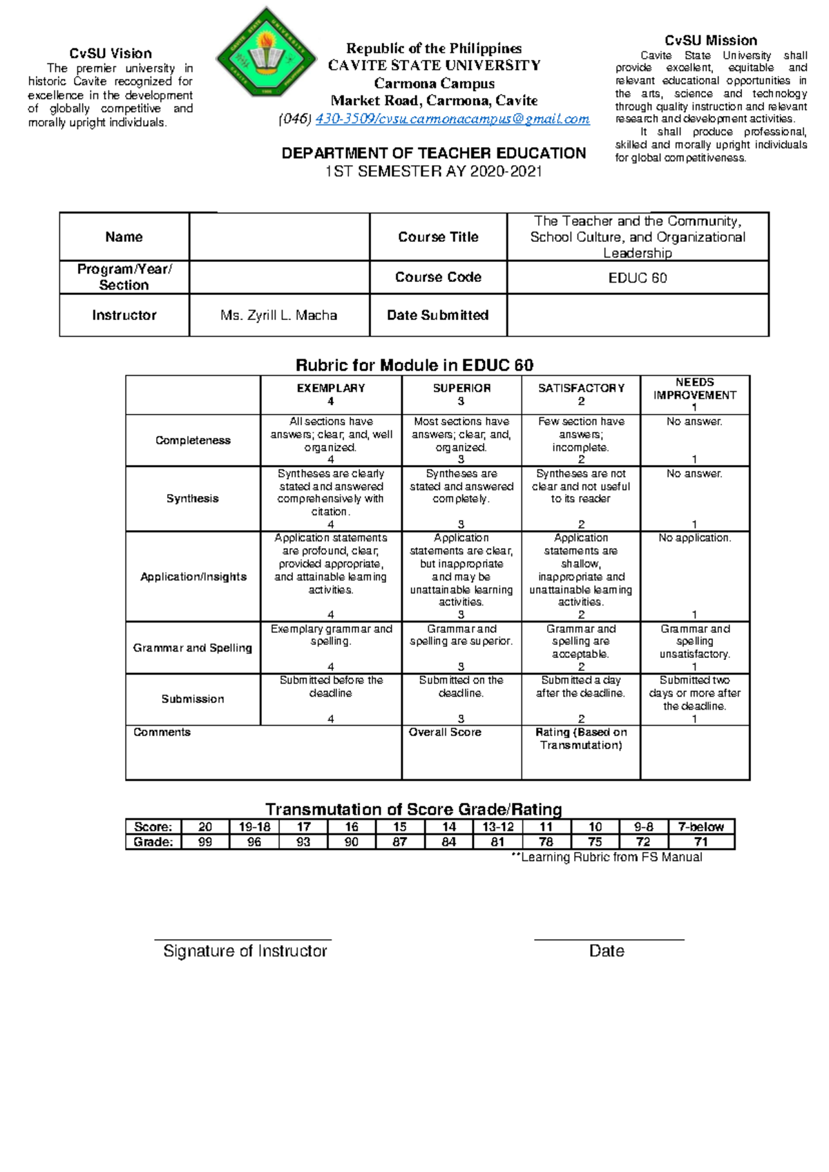 Module 2 - Characteristics of a Good School - Rubric for Module in EDUC ...