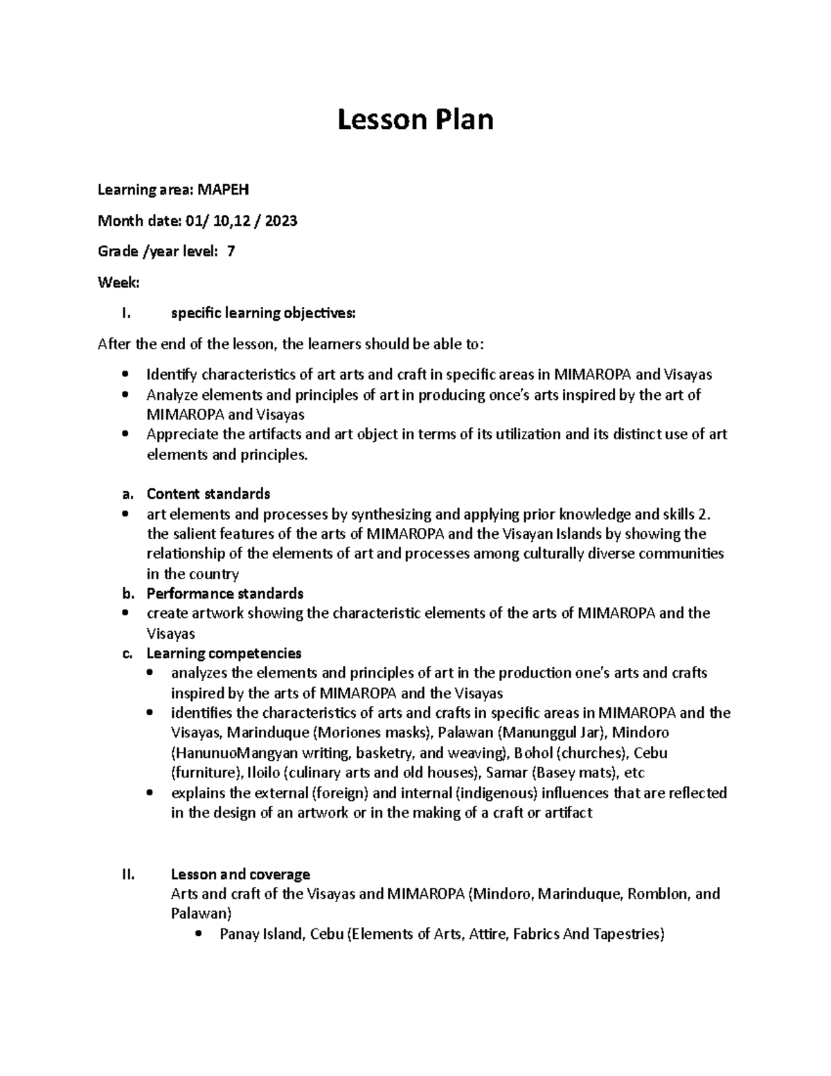 LP- grade 7 free edit - lesson planing - Lesson Plan Learning area ...