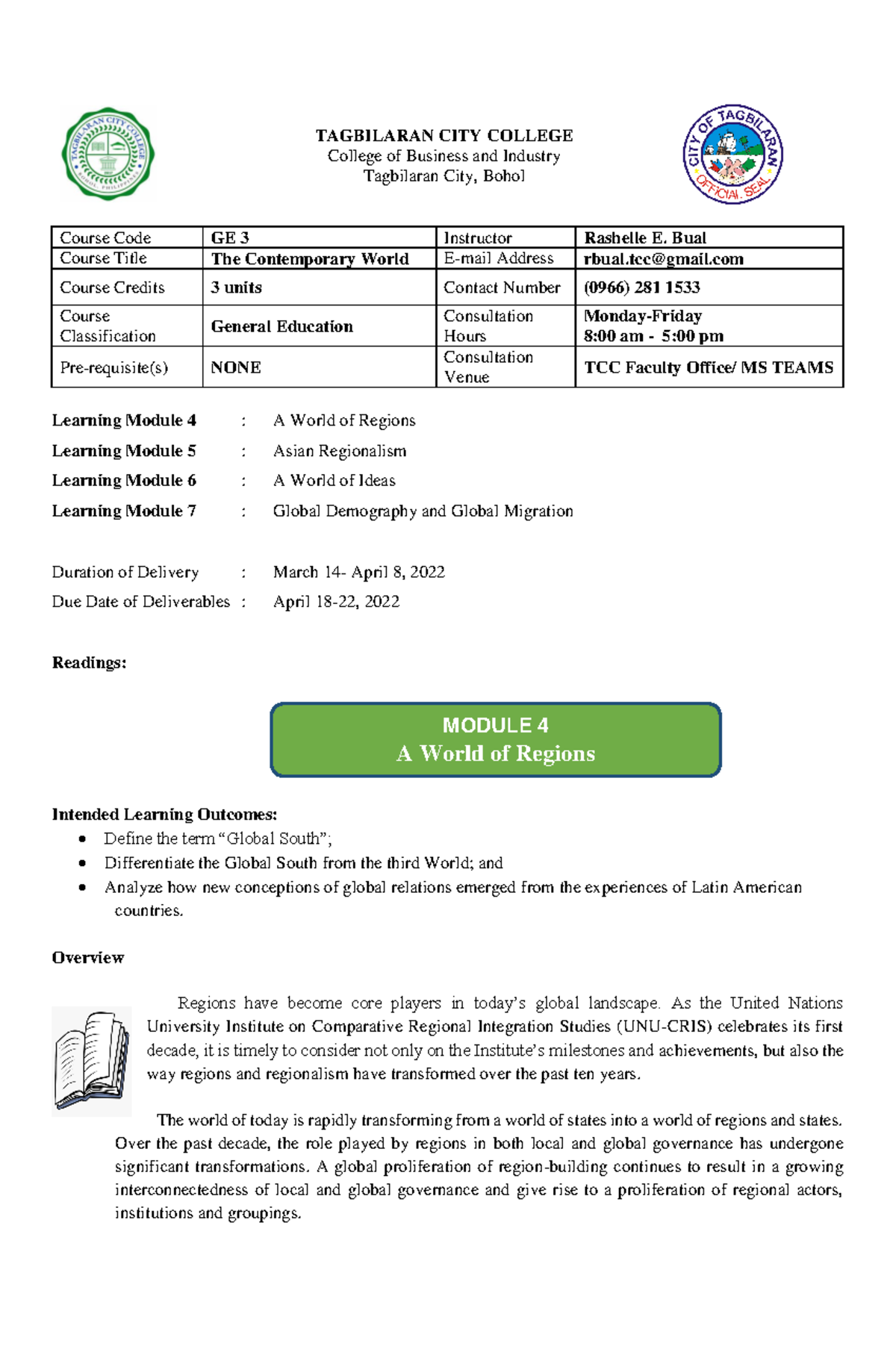 The Contemporary World (GE3) Midterm Modules - TAGBILARAN CITY COLLEGE ...