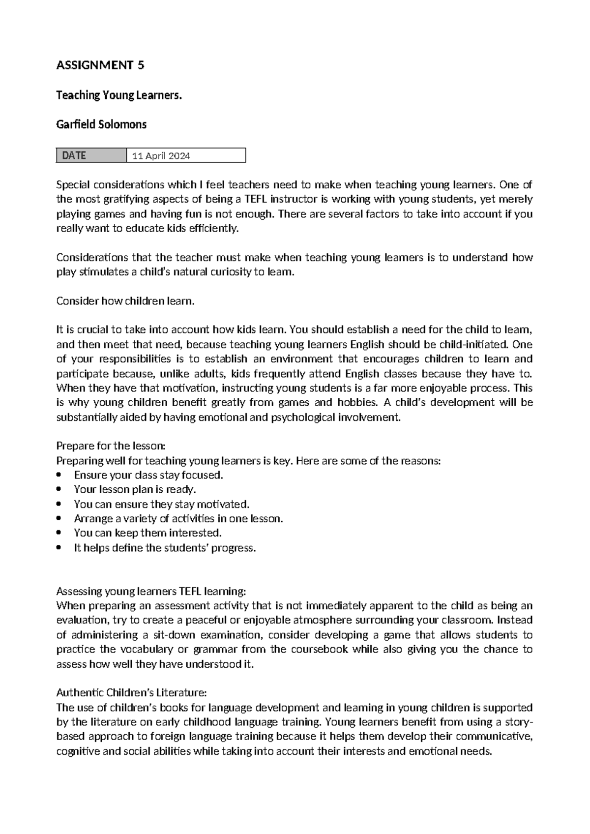Assignment 05 - Teaching Young Learners - ASSIGNMENT 5 Teaching Young ...