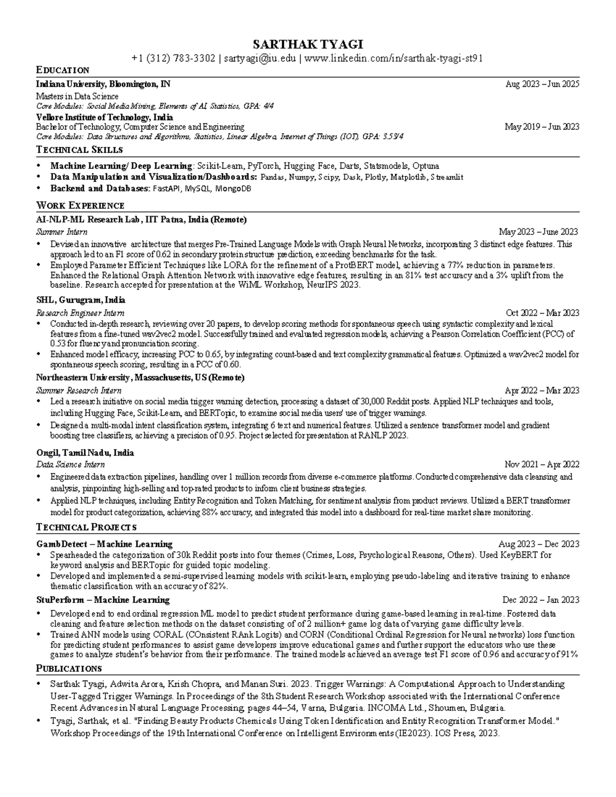 Sarthak Tyagi Resume - SARTHAK TYAGI +1 (312) 783-3302 | sartyagi@iu ...