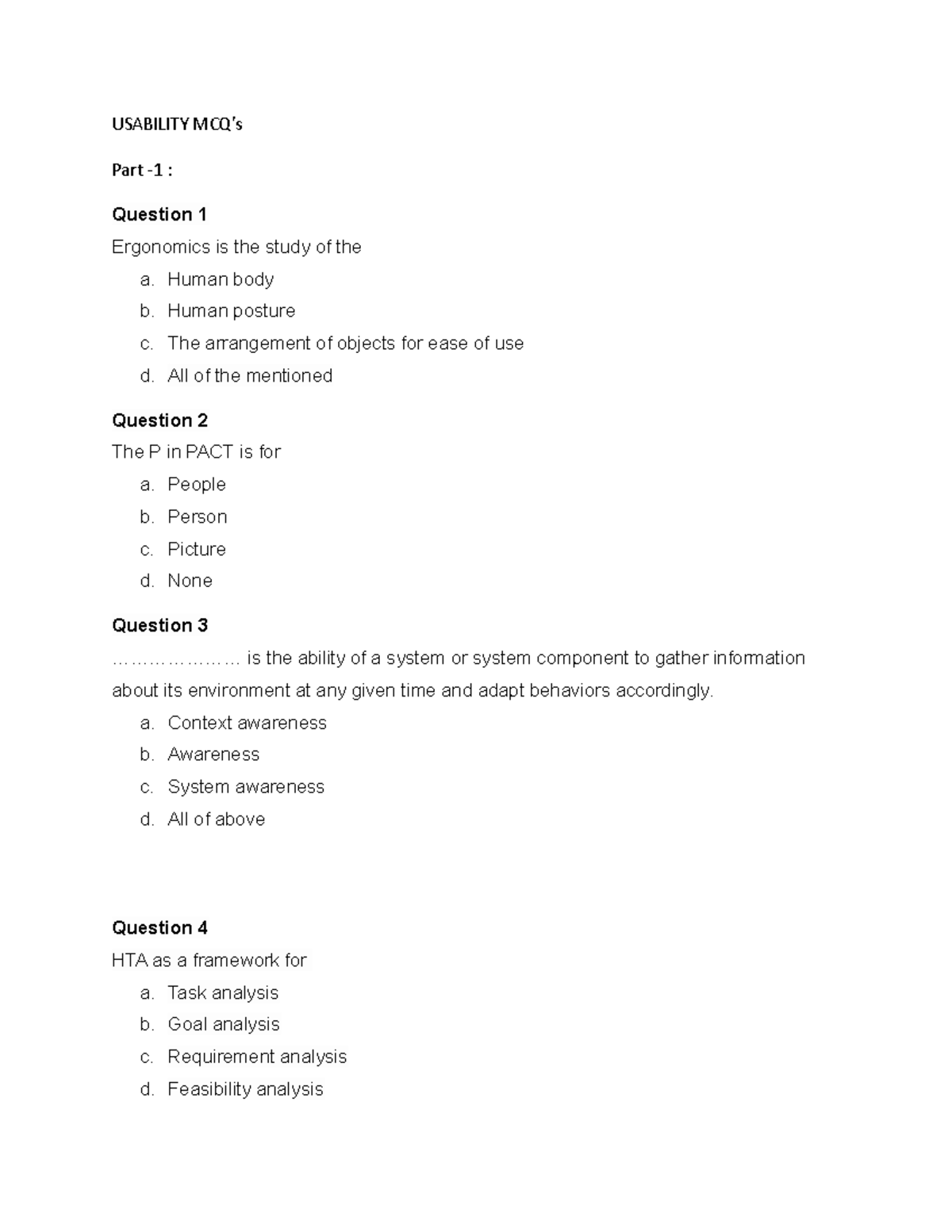 Usability MCQ MCQ exercise USABILITY MCQ’s Part 1 Question 1