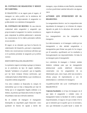 EL Contrato DE Reaseguro Y Sesión DE Caretera Exposición Mercantil 27 ...