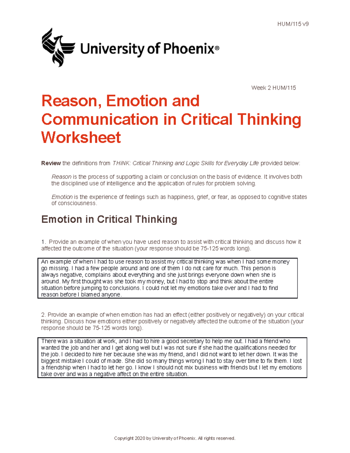 HUM115 Week 2 Ws - Week 2 - HUM/115 V Week 2 HUM/ Reason, Emotion And ...