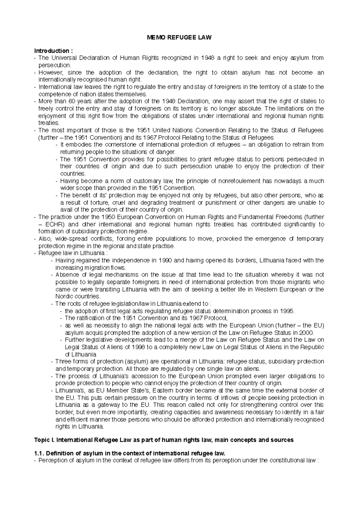 Mémo Refugee law - MEMO REFUGEE LAW Introduction : The Universal ...