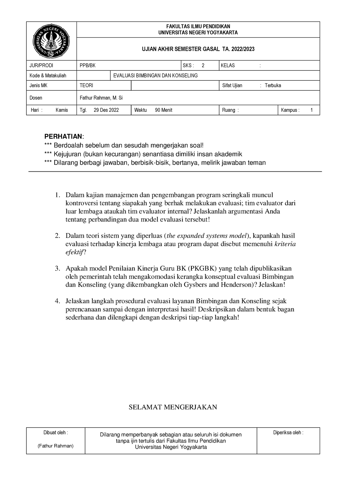 Contoh Soal Evaluasi BK - FAKULTAS ILMU PENDIDIKAN UNIVERSITAS NEGERI ...