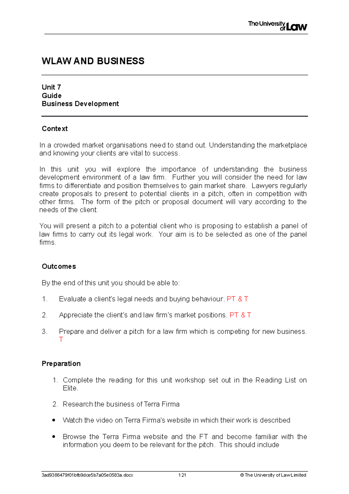 Workshop 7 Business Development WLAW AND BUSINESS Unit 7 Guide