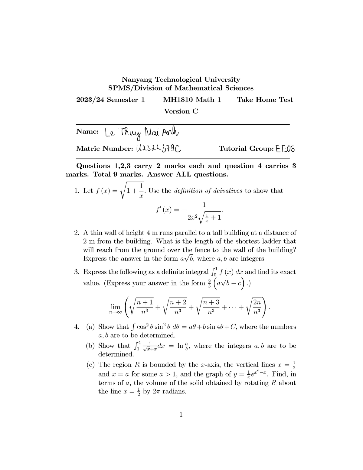 Take Home Test - MH1810 Take Home Test - Nanyang Technological ...