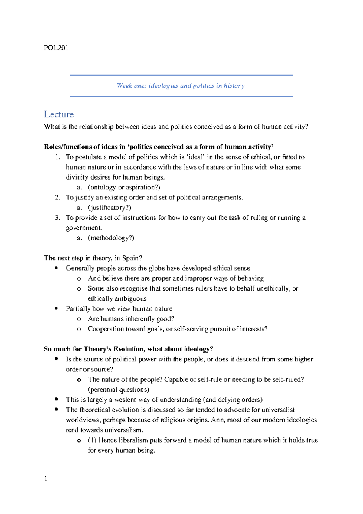 POL201 notes - POL Week one: ideologies and politics in history Lecture ...