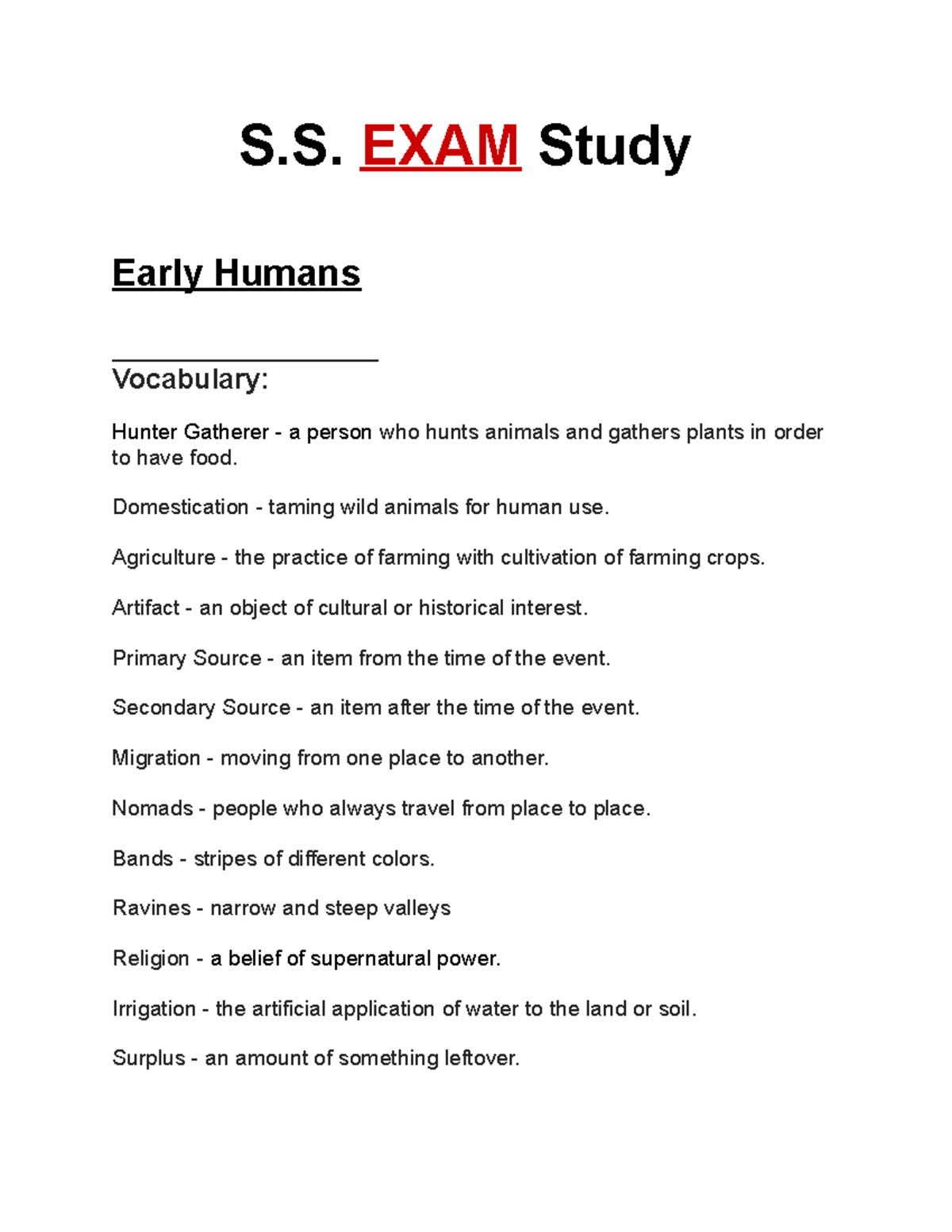 Social Science Ch.1 Study Guide - S. EXAM Study Early Humans ...