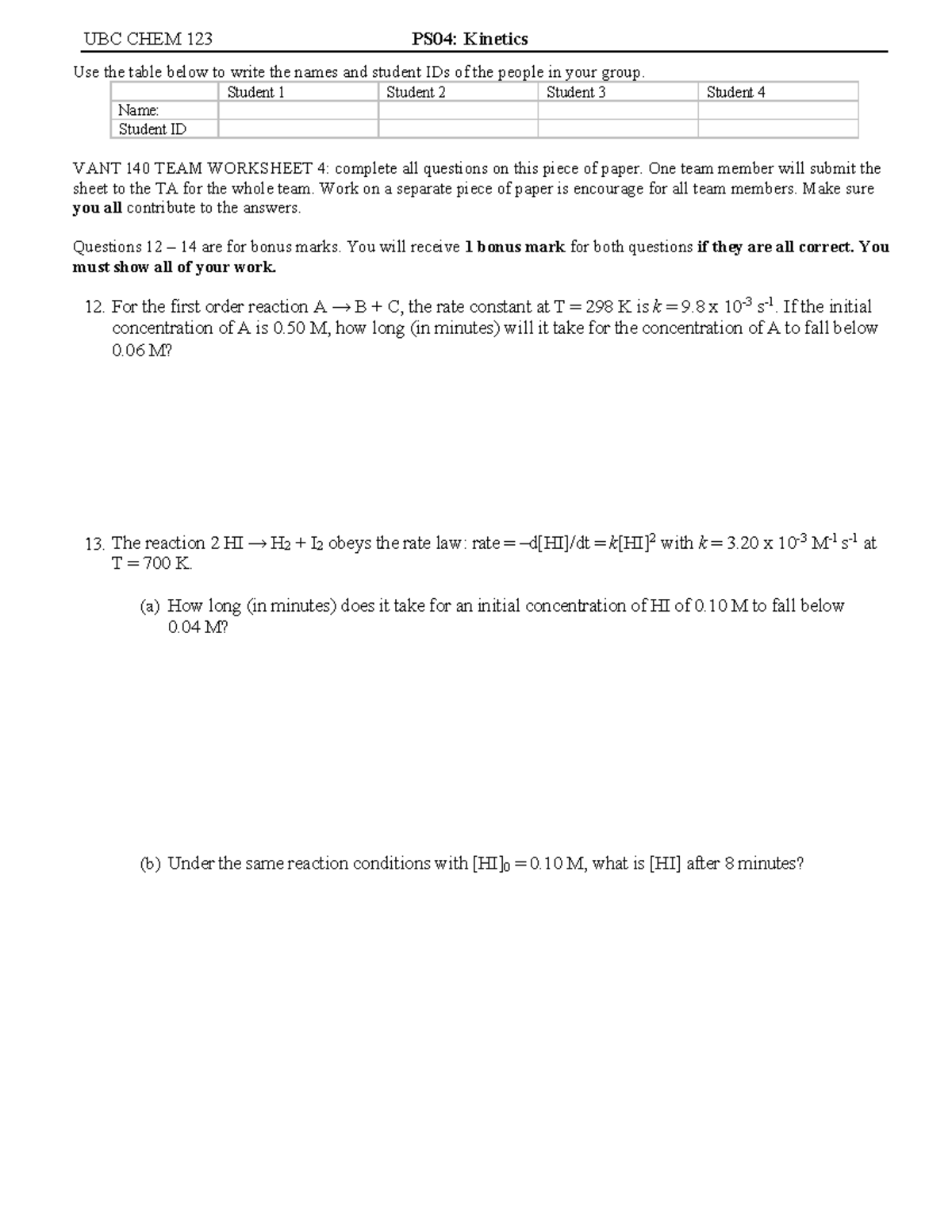 2023S-VANT140-Tutorial 4D - UBC CHEM 123 PS04: Kinetics Use the table ...