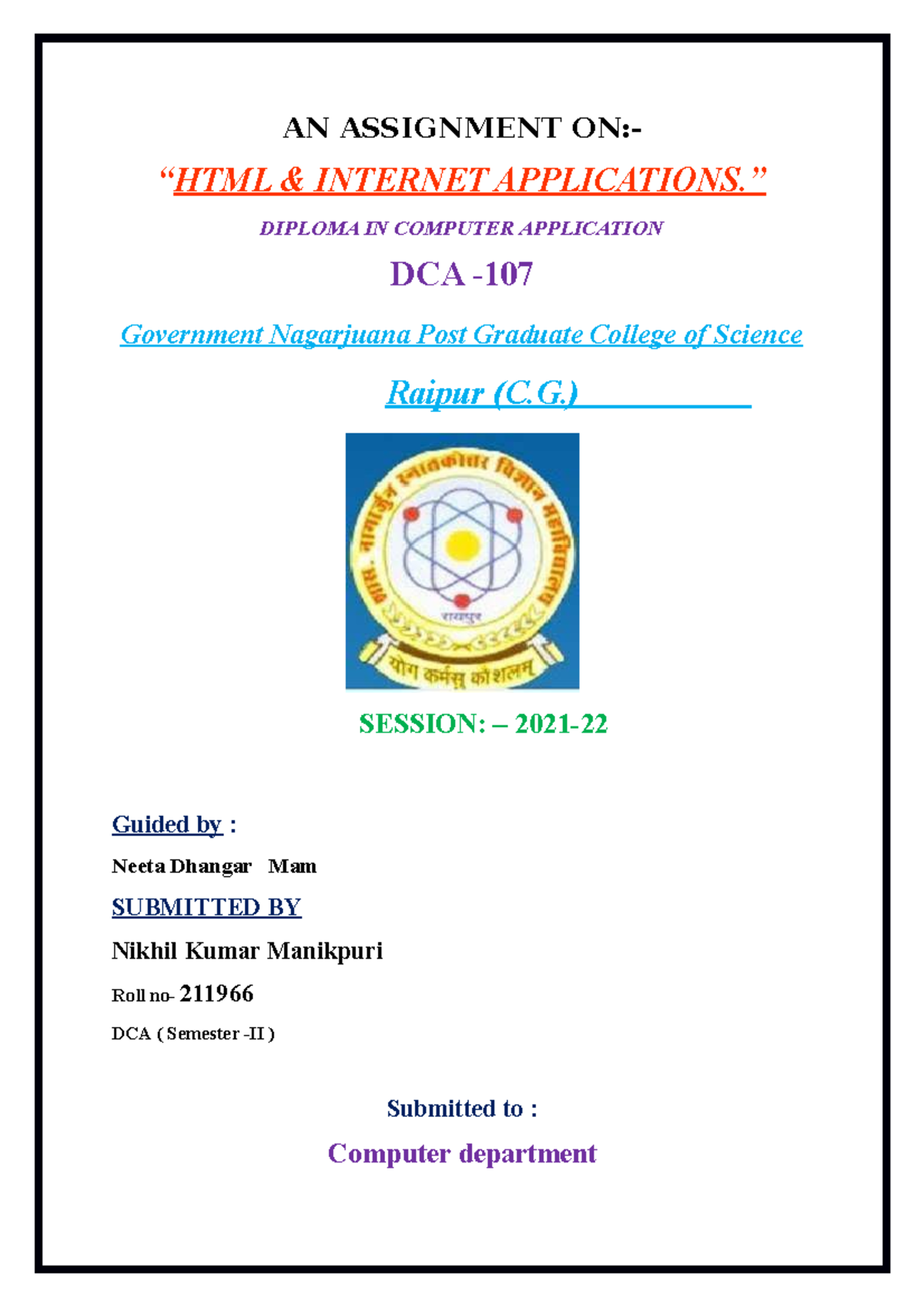 HTML AND IT'S APPLICATIONS - AN ASSIGNMENT ON:- “HTML & INTERNET ...