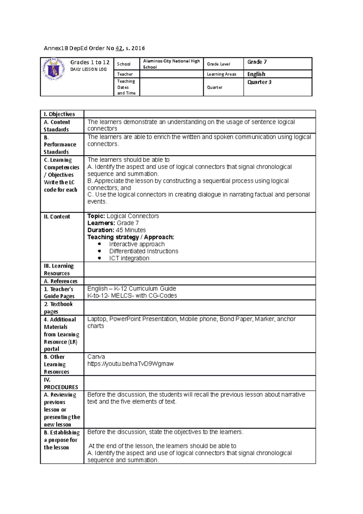 Drafted LP BSE En - Annex1B DepEd Order No 42 , s. 2016 Grades 1 to 12 ...