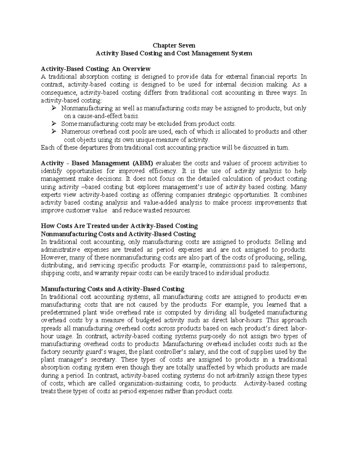 Activity Based Costing - Chapter Seven Activity Based Costing and Cost ...