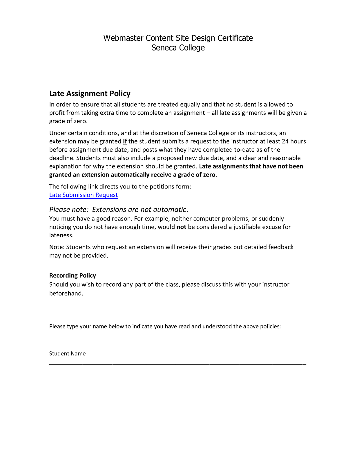 seneca college late assignment policy